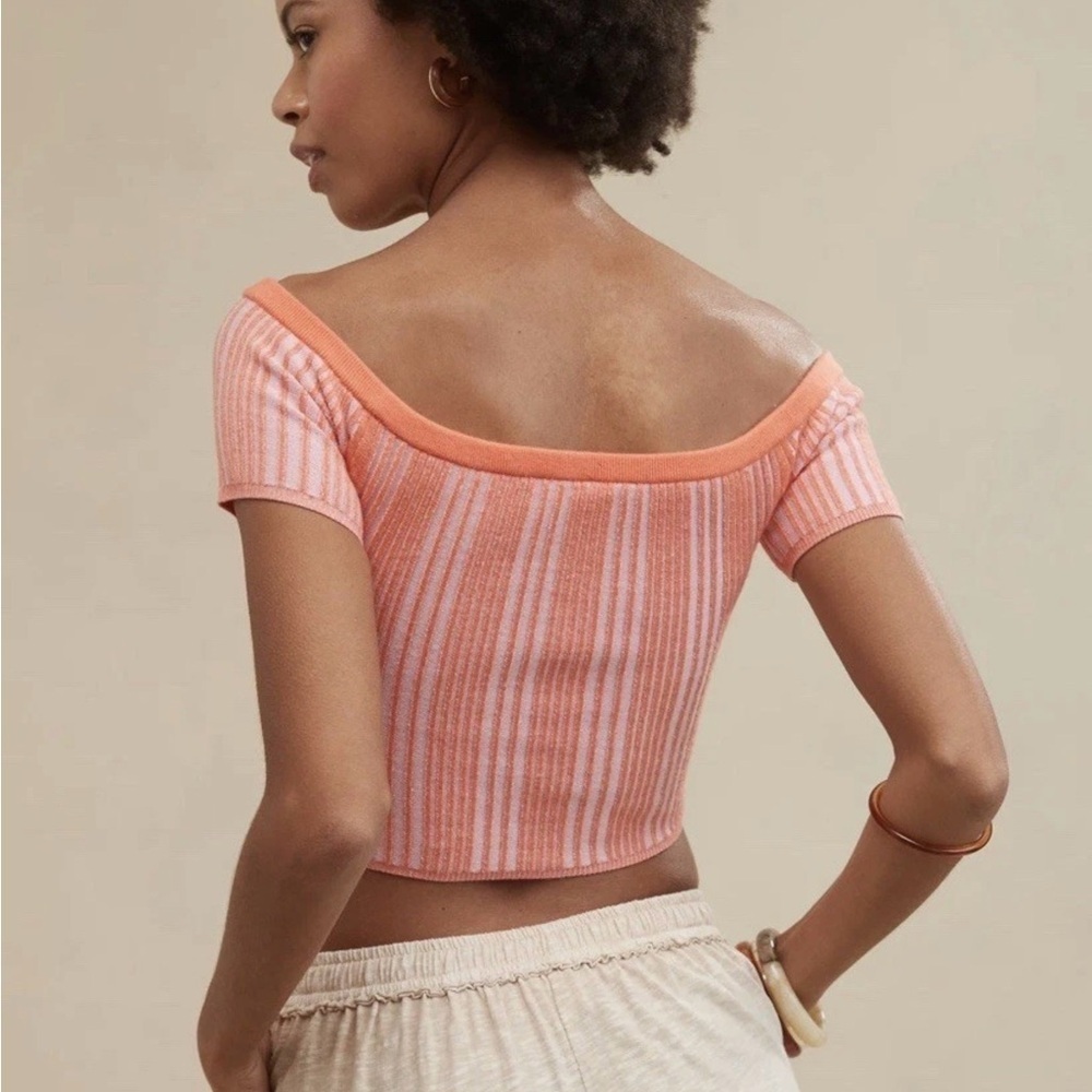 Aerie Peach Striped Off-Shoulder Crop Top - Picture 4 of 11